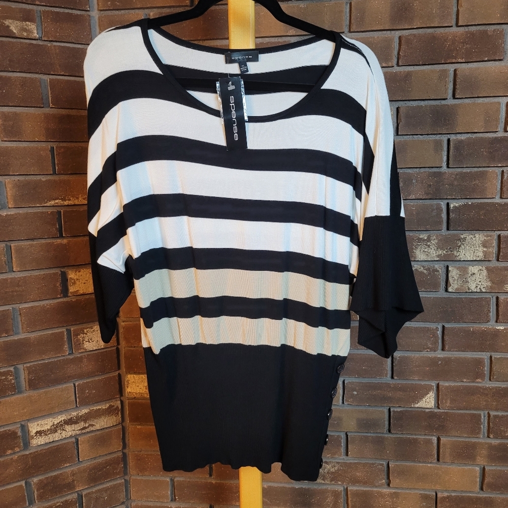 Spense short sleeve scoop neck banded strip colorbock stretch sweater XL